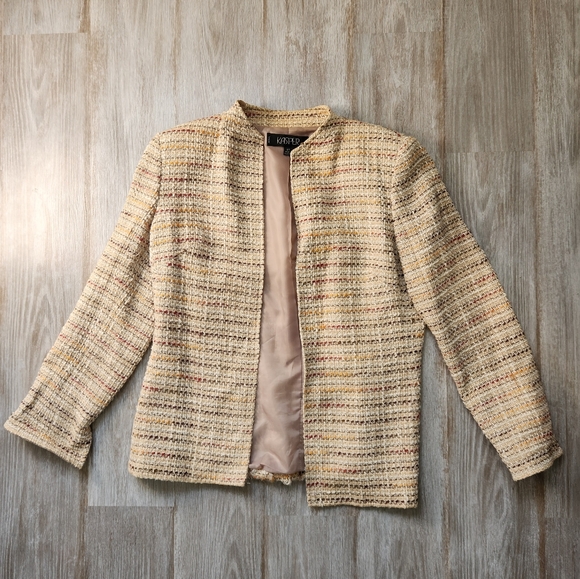 Kasper Plaid Tweed Long Sleeve Open Front Blazer Jacket Tan Lined Petite Sz 6 - Picture 1 of 10